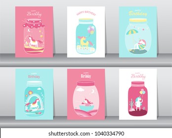 Set of birthday cards,poster,invitations, cards,template,greeting cards,animals,fantasy,magica ,Cute funny cartoon unicorn in a glass jar, Magical,Isolated,objects,greeting card.Vector illustrations.