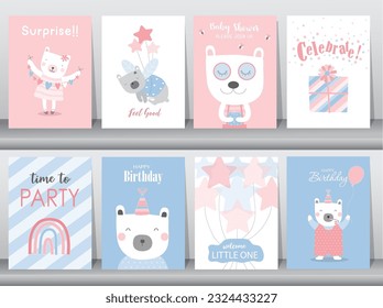 Set of birthday cards,poster,invitation,template,greeting cards,animals,bear,cute,Vector illustrations.