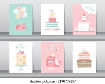 Set of birthday cards,poster,invitation,template,greeting cards,animals,bird,cute,Vector illustrations.