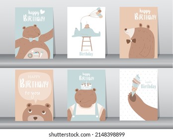 Set of birthday cards,poster,invitation,template,greeting cards,animals,cute,Vector illustrations