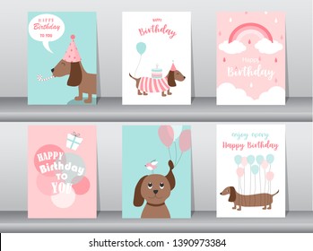 Set Of Birthday Cards,poster,invitation,template,greeting Cards,animals,dog,cute,Vector Illustrations