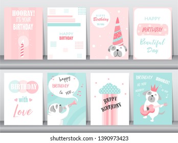 Set of birthday cards,poster,invitation,template,greeting cards,animals,dog,cute,Vector illustrations