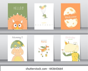 Set of birthday cards,poster,template,greeting cards,animals,dinosaurs,eggs,Vector illustrations