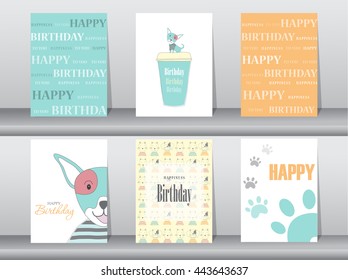 Set of birthday cards,poster,template,greeting cards,animals,dog,Vector illustrations