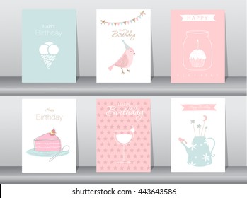 Set of birthday cards,poster,template,greeting cards,cake,bird,Vector illustrations