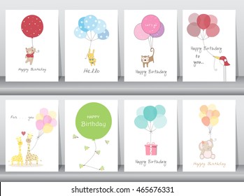 Set of birthday cards,poster,template,greeting cards,sweet,balloons,animals,Vector illustrations