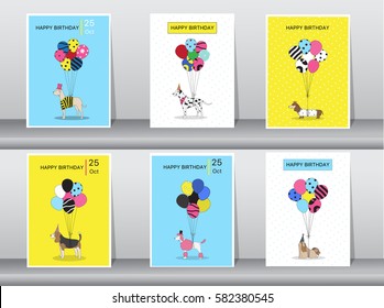 Set of birthday cards,vintage color,poster,template,greeting cards,balloons,animals,dogs,Vector illustrations
