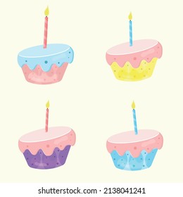 A set of birthday cartoon cakes with a candle