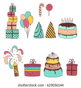 Set of birthday celebration elements with gift, cake and balloons. Vector illustration