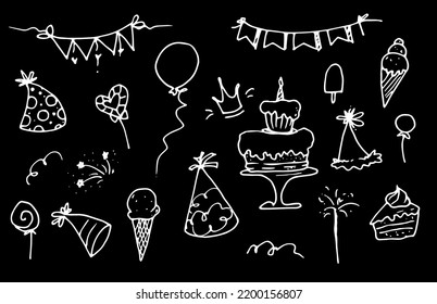 a set of birthday celebrations. A hand-drawn collection with a birthday cake, balloons, flags, ice cream and a festive hat. isolated elements with a white outline on black