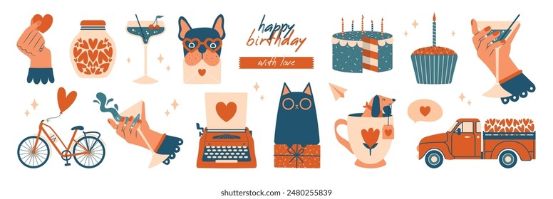 Set of birthday clip arts with cake and candles, jar full of hearts, bicycle with balloon, cat sitting on gift, hand with martini glass, pickup truck, typewriter, puppy holding love letter. Stickers