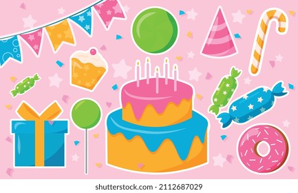 Set of birthday. Collection of elements for holiday, cake, candles and decorations. Sweets for girls and boys. Fun, relax and rest. Cartoon flat vector illustration isolated on pink background