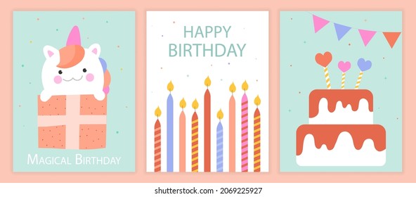 Set of birthday. Collection of greeting cards. Sweets, cake, candles. Beautiful and lovely cakes. Party invitation, banner, poster. Cartoon flat vector illustrations isolated on pink background