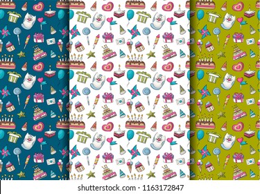 A set of Birthday concept seamless pattern. Repear background tile for warapping paper, cover, scrapbook backdrop page. Vector illustration.