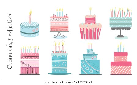 Set of Birthday cream cakes with burning candles. Birthday Party Elements. Hand drawn doodle style vector illustration