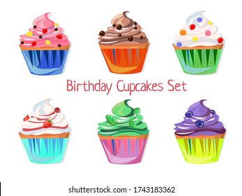 Set of birthday cupcakes with different decorations and flavors. Vector clipart.
