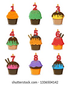 Set of birthday cupcakes with number candles