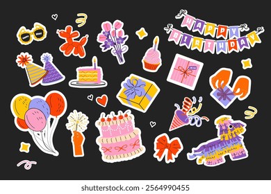 Set of Birthday cute stickers with hand drawn clipart for planners, notebooks Trendy holiday elements, party decoration, cake, candle, gift, balloon, party hat, confetti, pinata, floral glasses, flags