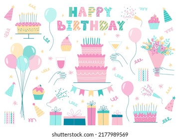 Set of Birthday design elements. Birthday party celebration clipart. Vector holiday pack with bright presents, cakes with candles, balloons, flowers, flags.