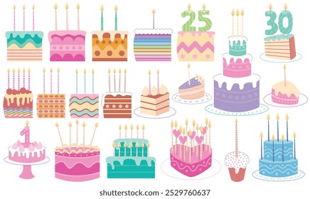 Set of birthday desserts, cakes and cupcakes. Flat birthday cakes with candles vector set