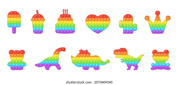 Set of birthday and dinosaur forms pop it a trendy rainbow fidget toys. Addictive anti stress toy in bright colors. Bubble sensory fashionable popit for kids. Vector illustration isolated on a white.