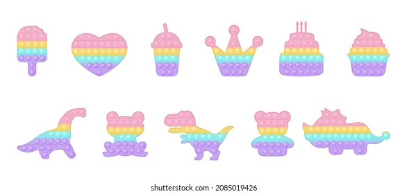 Set of birthday and dinosaur forms pop it a trendy pastel rainbow fidget toys. Addictive anti stress toy in pastel colors. Bubble sensory fashionable popit for kids. Vector illustration isolated.