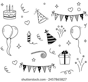 Conjunto de icono de garabato de cumpleaños. Doodle pastel de cumpleaños, globo, elemento de decoración de eventos. Ilustración vectorial.