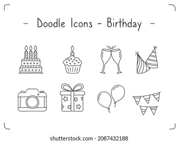 Conjunto de iconos de doodle de cumpleaños, ilustración de eps10 vectoriales