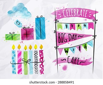 Set of birthday element drawing watercolor on crumpled paper