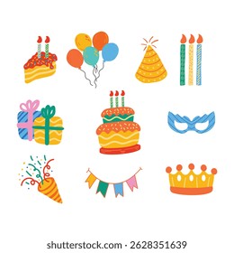 Definir elemento de aniversário desenho plano desenho animado ilustração