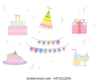 Set of birthday element vector illustration such as cake, gift, and others suitable for birthday card decoration 