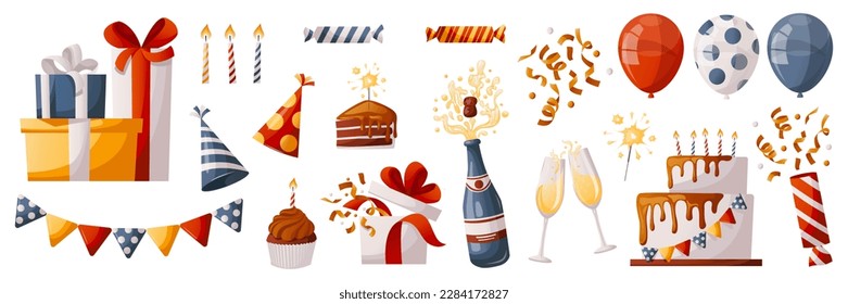 Set von Geburtstagselementen mit Kuchen, Kuchen, Geschenken, Champagner, Kappen, Konfetti, Ballons, Cracker. Geburtstagsfeier, Feier, Feiertag, Veranstaltung, Feste. Banner, Flyer, Werbung. Cartoon-Vektorgrafik