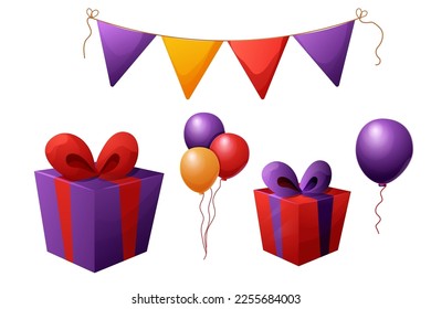 Set birthday elements, celebration presents, garland and balloons, party in cartoon style isolated om white background.