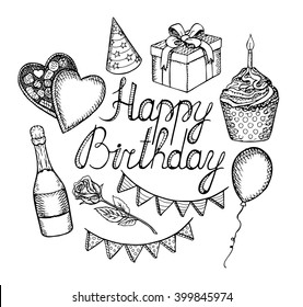 Set of birthday elements. Collection isolated of vector hand drawn decoration doodle sketch. Birthday cake, balloon, champagne, ribbons, gift, holiday, rose, candy, birthday. For design the holidays.