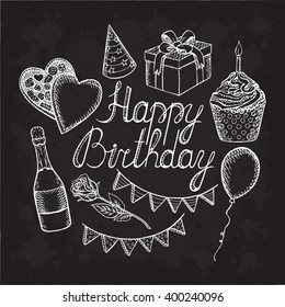 Set of birthday elements. Collection isolated of vector hand drawn decoration doodle sketch. Birthday cake, balloon, champagne, ribbons, gift, holiday, rose, candy, birthday. For design the holidays.