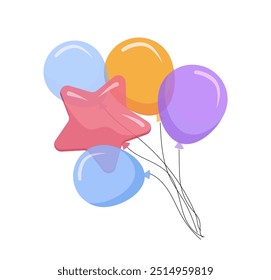 Set of birthday elements. Colorful balloons. Holiday and festival, celebration. Red star with helium. Sticker for social networks. Flat vector collection isolated on white background