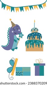 Set of birthday elements, Dinosaur birthday, dino with cake and candle, birthdays banner for boy, dino with magic wand