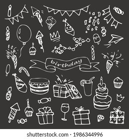 set of birthday elements in doodle style
