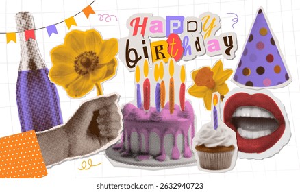 Set of birthday elements. Dotted halftone Collage design elements set in trendy pop art style. Retro halftone effect. Hand with flower, cake, cupcake with candle, champagne bottle, mouth. Vector
