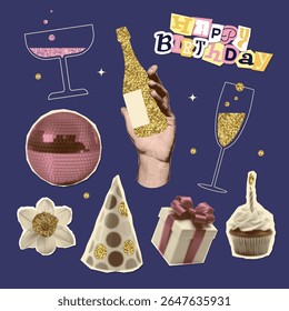 Set of birthday elements with glittering parts. Dotted halftone Collage paper cliparts in pop art style. Retro Hand with champagne bottle, cupcake with candle, mirror ball, holiday cap. Vector design