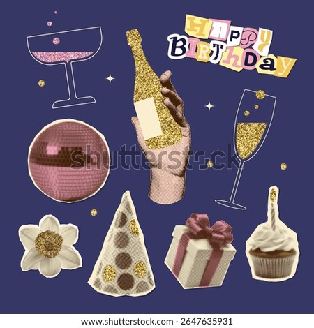 Set of birthday elements with glittering parts. Dotted halftone Collage paper cliparts in pop art style. Retro Hand with champagne bottle, cupcake with candle, mirror ball, holiday cap. Vector design