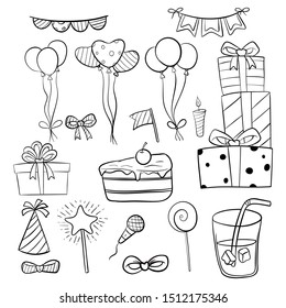 Set of Birthday Elements or Icons With Hand Drawn or Doodle Style