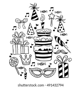 set of birthday elements or icons using doodle or hand drawing style