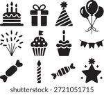 Set of birthday elements silhouettes, isolated on a white background, perfect for party invitations, celebrations, cake, balloon, and festive design projects.