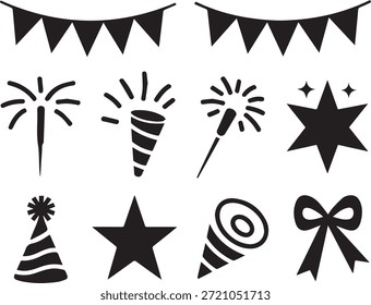 Conjunto de siluetas de Elementos de cumpleaños, aislados sobre un fondo blanco, perfecto para invitaciones de fiesta, celebraciones, pasteles, globos y proyectos de diseño festivo.