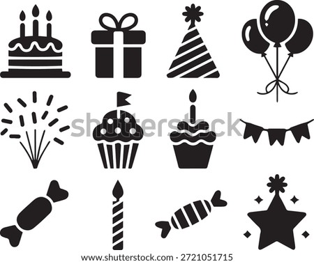Set of birthday elements silhouettes, isolated on a white background, perfect for party invitations, celebrations, cake, balloon, and festive design projects.