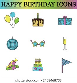 Set of birthday flat icons on the white background. Celebration icons. Isolated vector.