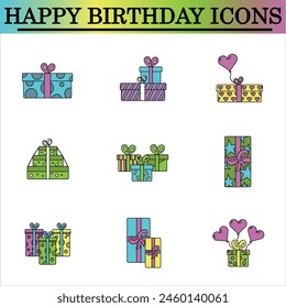 Set of birthday flat icons on the white background. Celebration icons. Isolated vector. Gift icons.