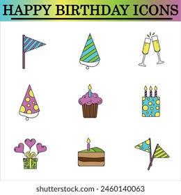 Set of birthday flat icons on the white background. Celebration icons. Isolated vector.