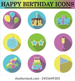 Set of birthday flat icons with shadow on the white background. Celebration icons. Isolated vector.